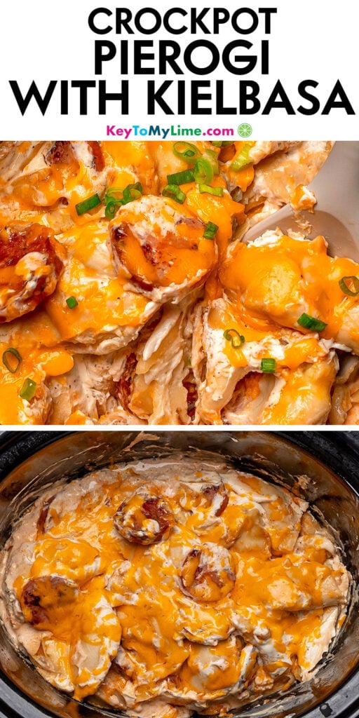 A Pinterest pin image with a picture of crockpot pierogi casserole with kielbasa with title text at the top.
