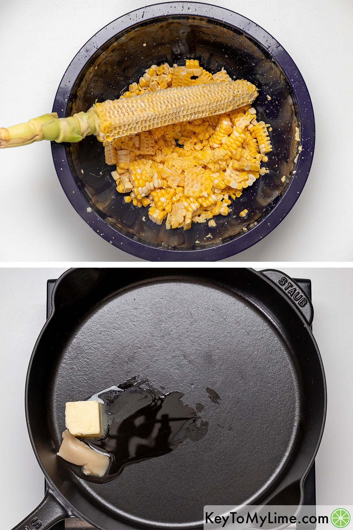 Removing the corn kernels from the ear, and then in a hot skillet add bacon grease and butter.