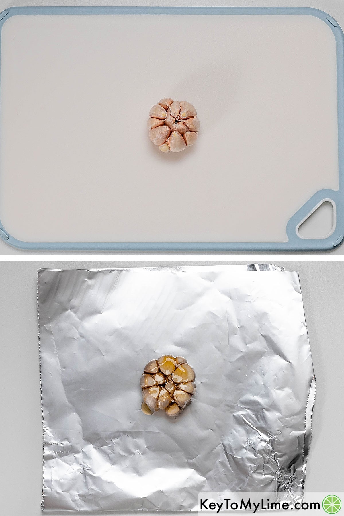 Cutting a half inch off the top of the garlic bulb, and then placing on aluminum foil with a drizzle of olive oil.