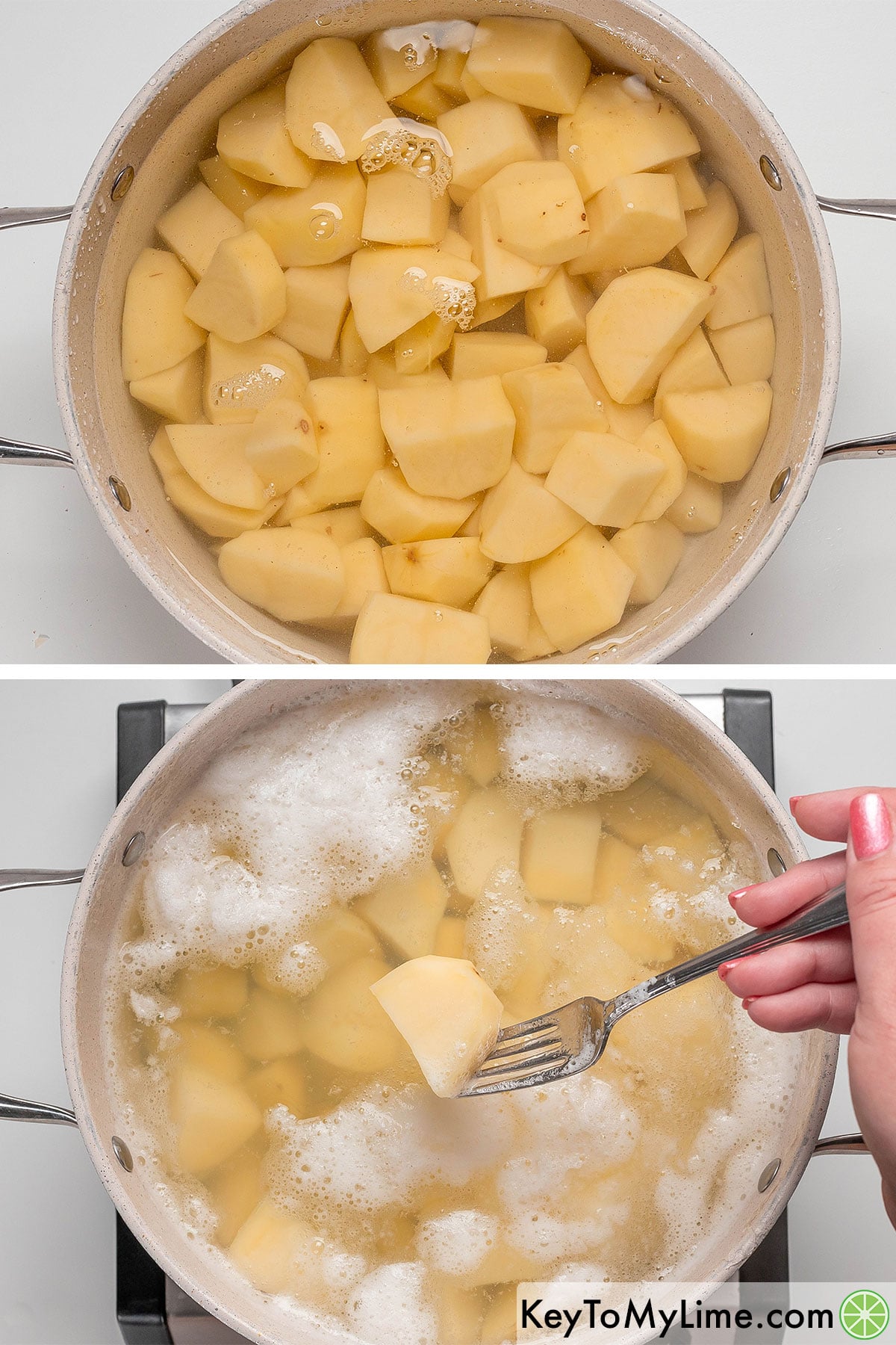 Filling a large pot with cold water and peeled potatoes, and then boiling until fork tender.