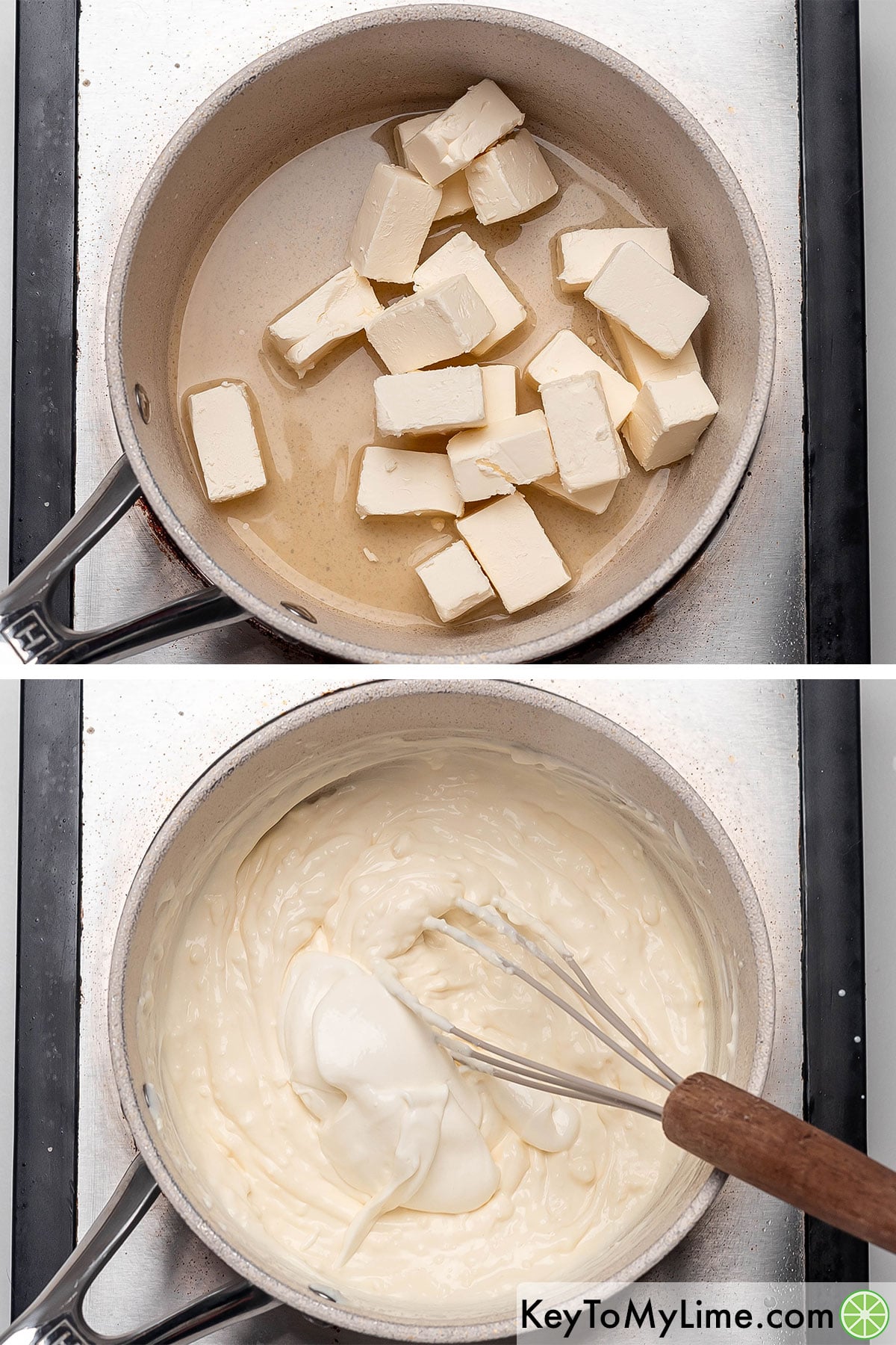 Heating chicken broth in a small saucepan, and then adding in cream cheese and sour cream.