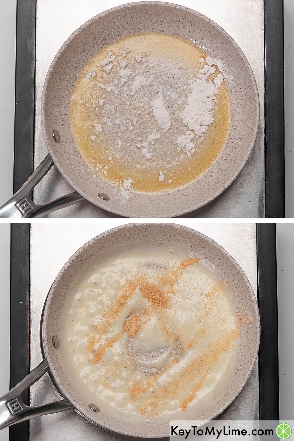 Melting butter in a small saucepan, and then stirring in milk, garlic, and onion powder.
