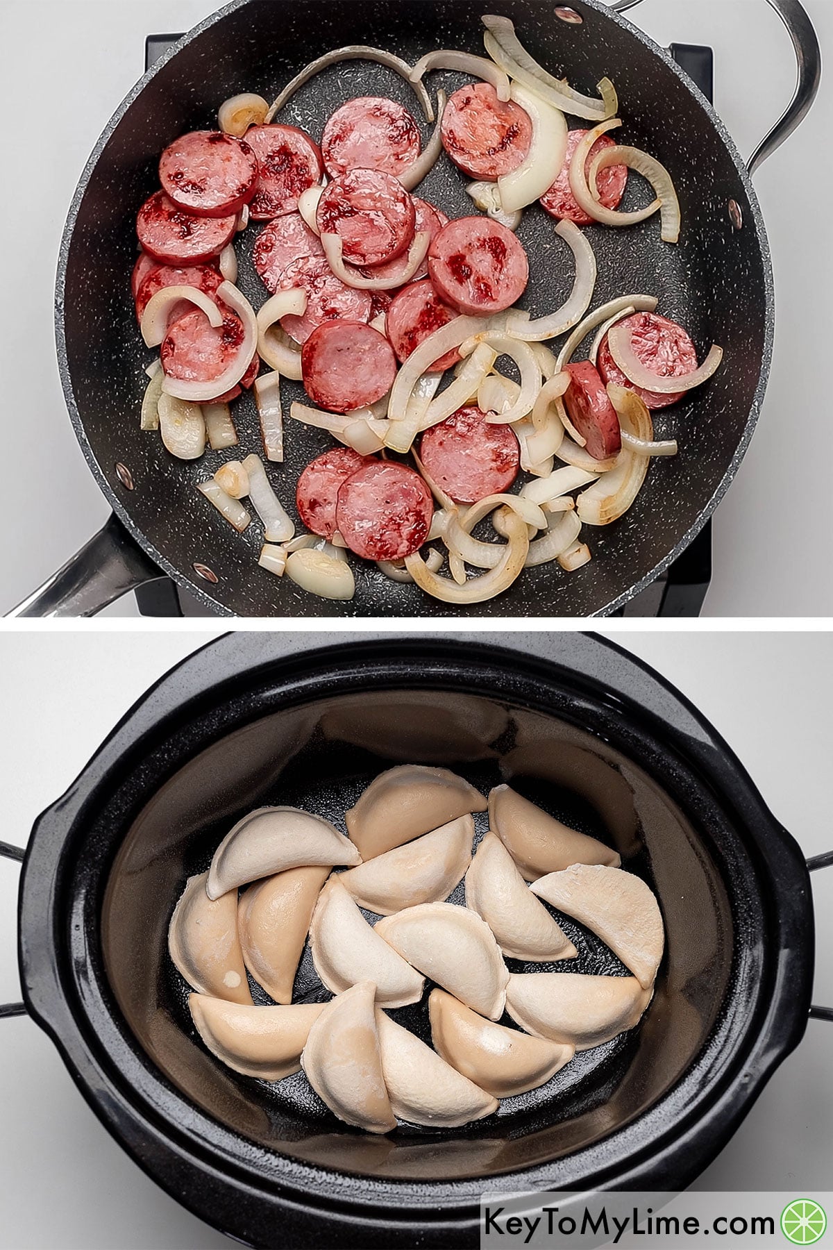 Adding sliced onions to the browned kielbasa, and then cooking on slow until fragrant and soft.