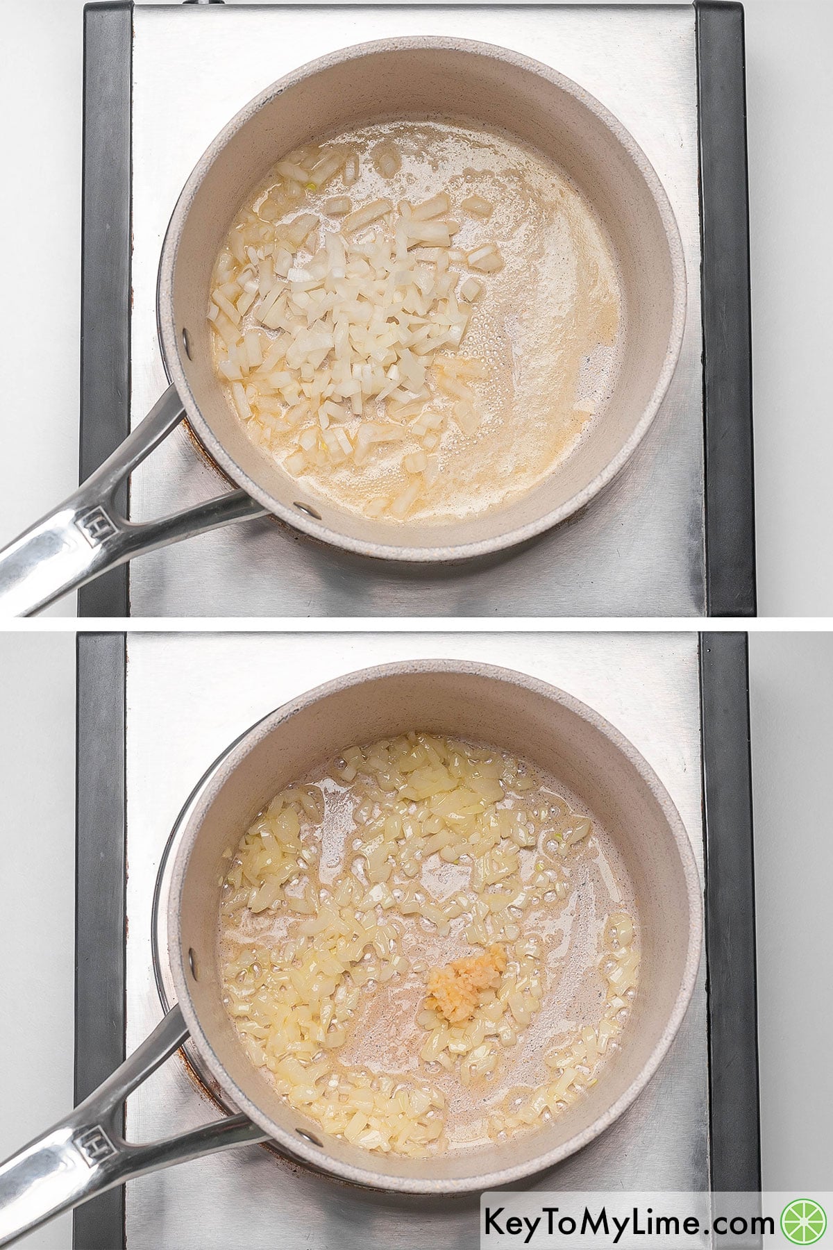 Mixing onions into the pot, and then once sauteed adding in garlic.