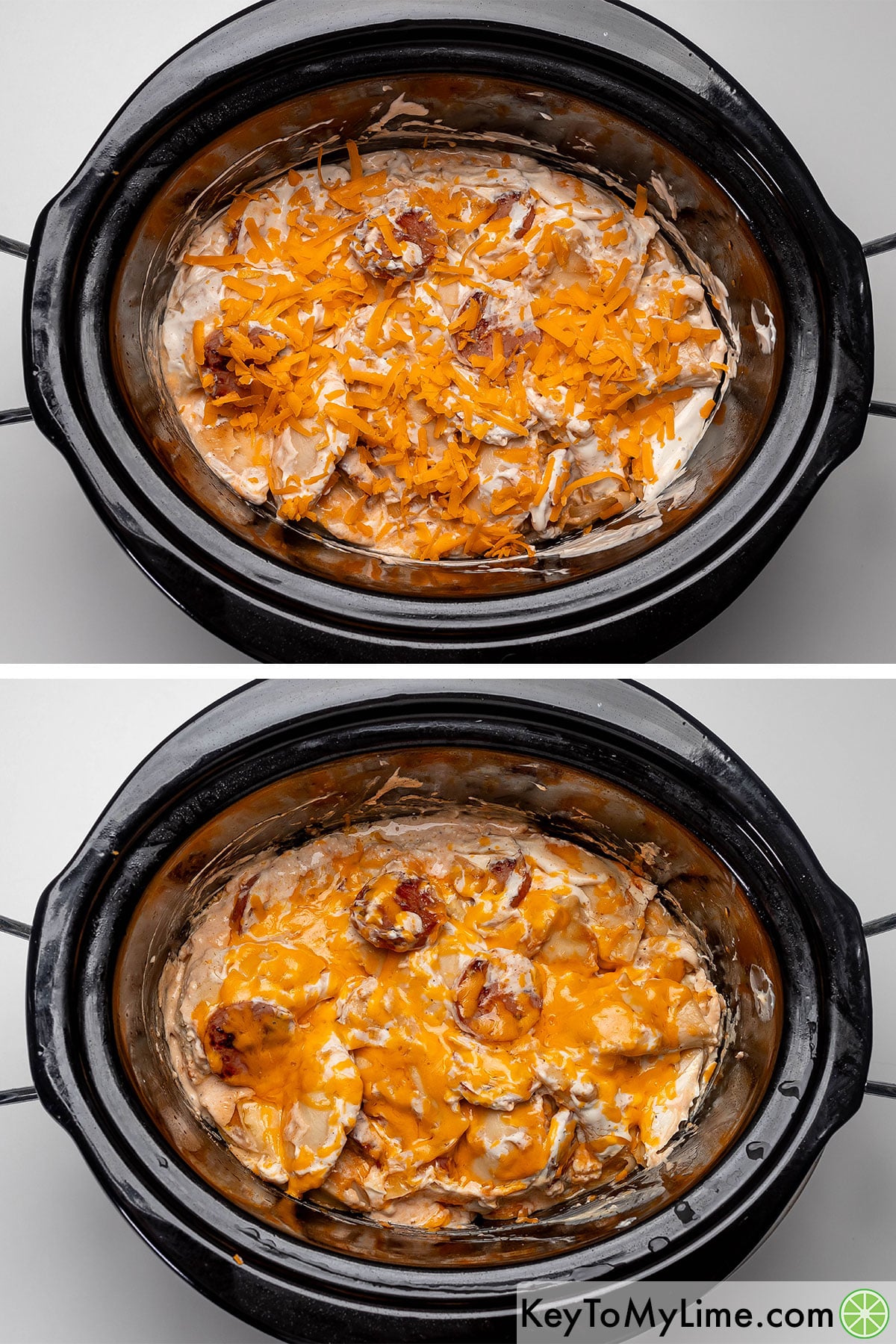 Mixing the sauce, and then before cooking adding the remaining cheese on top.
