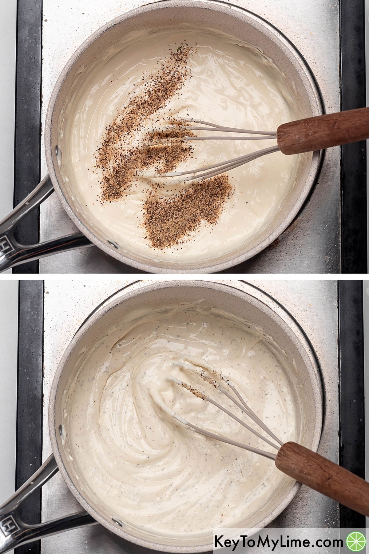 Mixing the sauce mixture, and then adding and mixing in pepper.