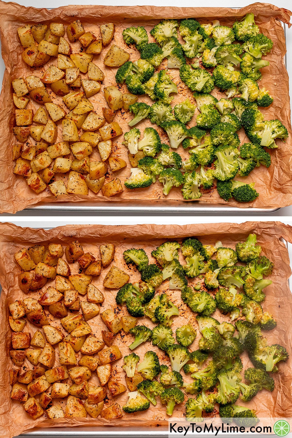 Moving the potatoes over to one side to make room for broccoli, and then baking once broccoli is added to the sheet.