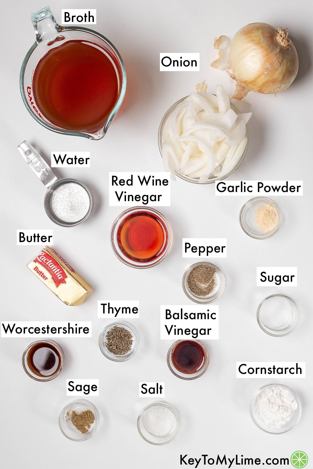 The labeled ingredients for onion gravy.