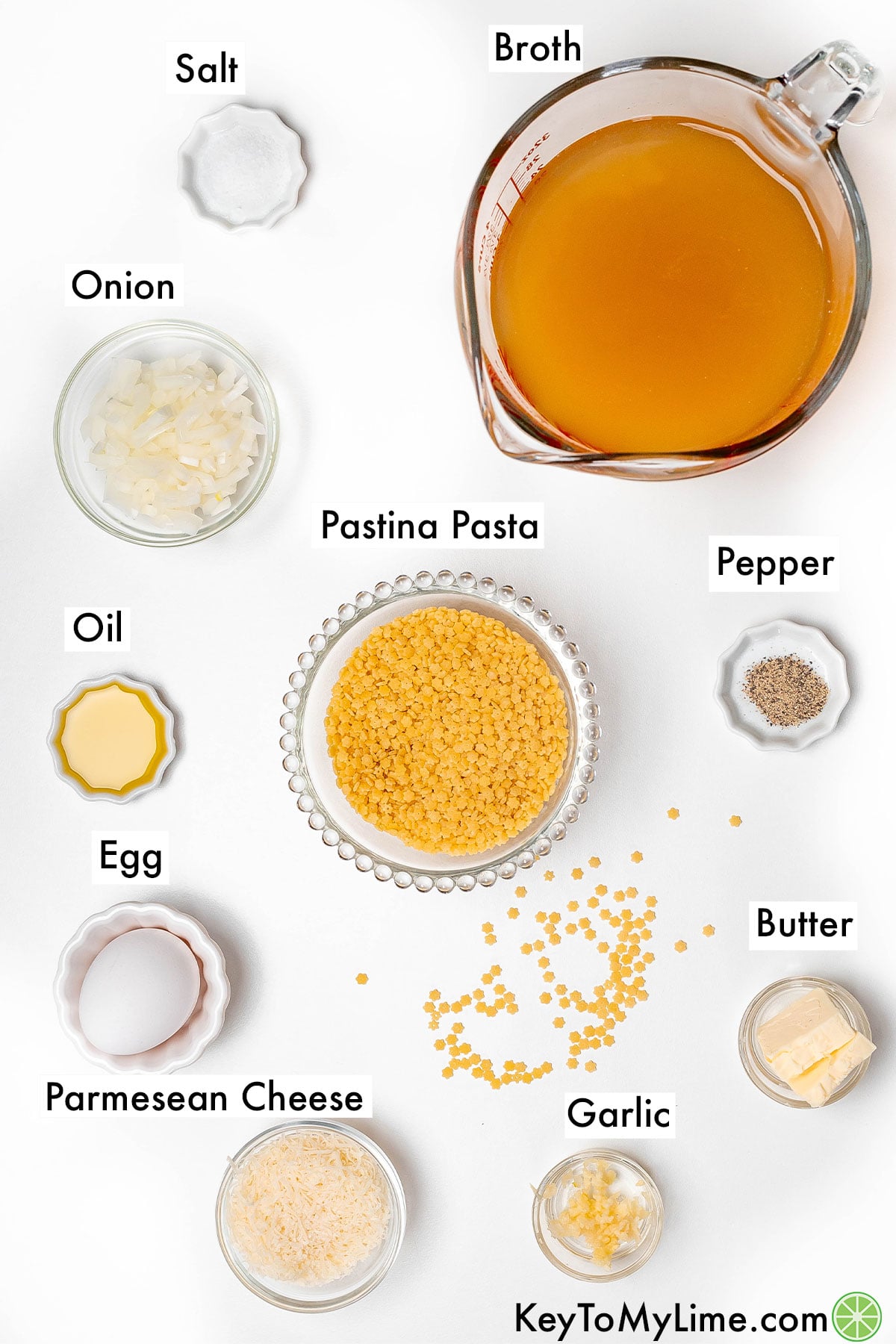 The labeled ingredients for pastina.
