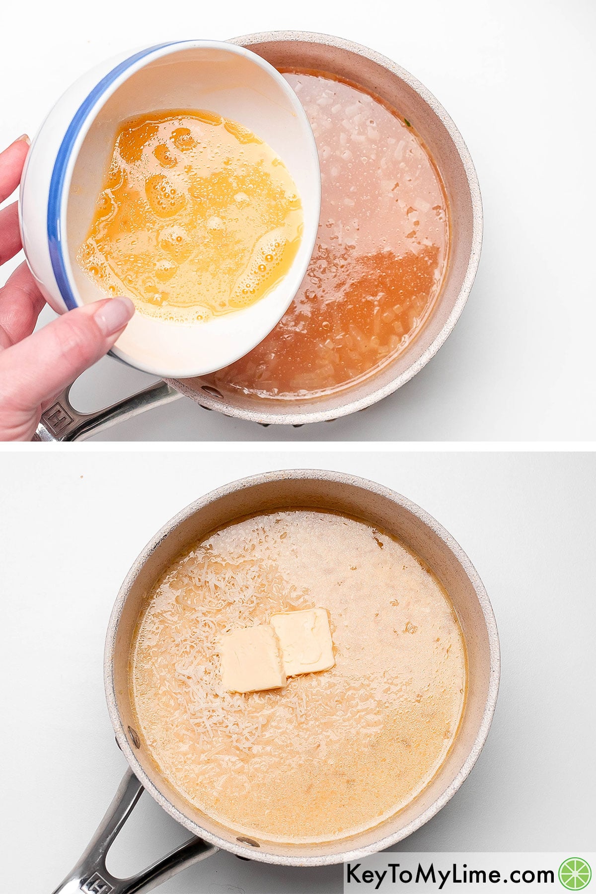 Pouring the egg mixture into a pot, and while stirring adding and stirring butter and parmesan cheese.