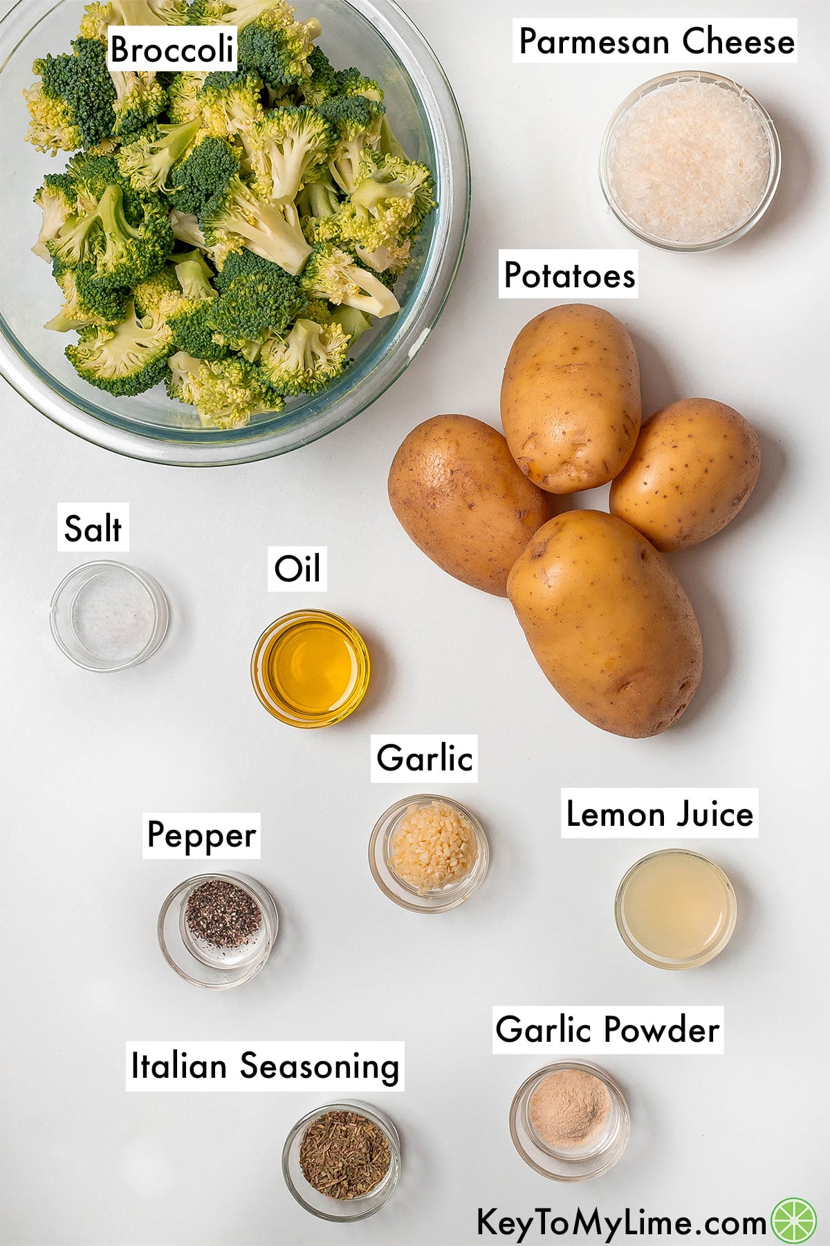 The labeled ingredients for roasted potatoes and broccoli.