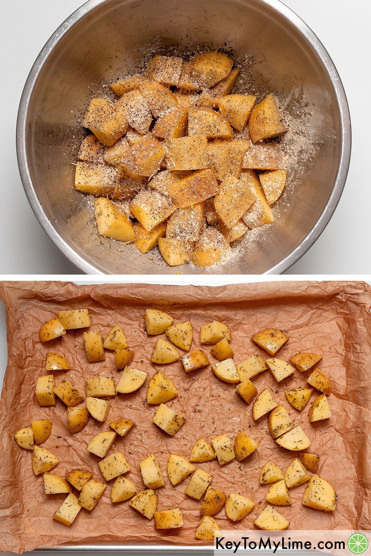 Tossing cubed potatoes with olive oil in a large mixing bowl with seasonings, and then once mixed transferring to a lined baking sheet.