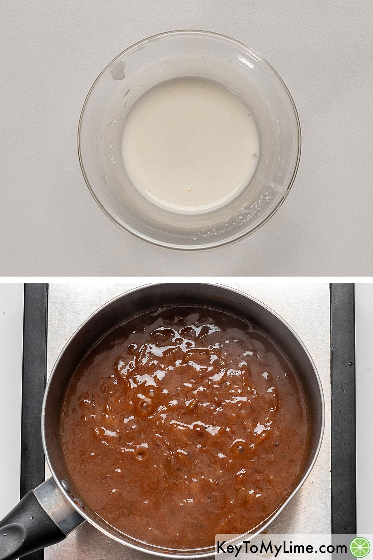 Whisking cornstarch and water together in a small mixing bowl, and then stirring the slurry into the onion mixture and simmering.