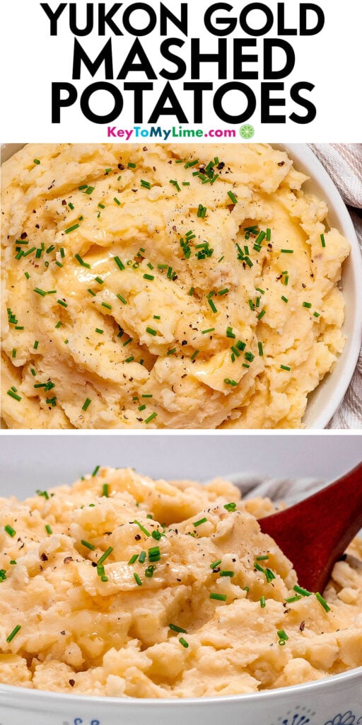 A Pinterest pin image with a picture of Yukon gold mashed potatoes with title text at the top.