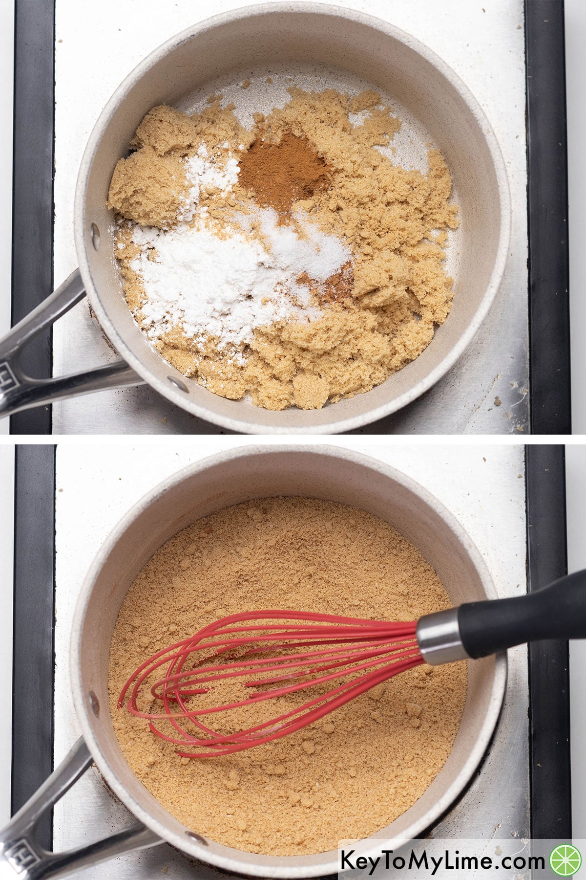 Adding brown sugar, cornstarch, and salt to a medium saucepan, and then whisking together.