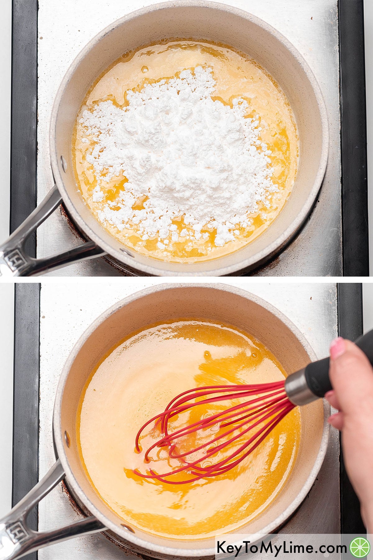 Adding butter, orange juice, and icing sugar to a hot saucepan, and then cooking and stirring until smooth.