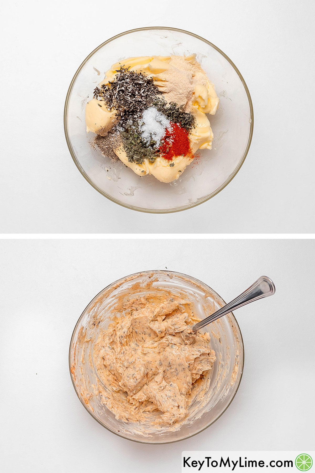 Adding butter, herbs, and spices in a small mixing bowl, and then mixing together.