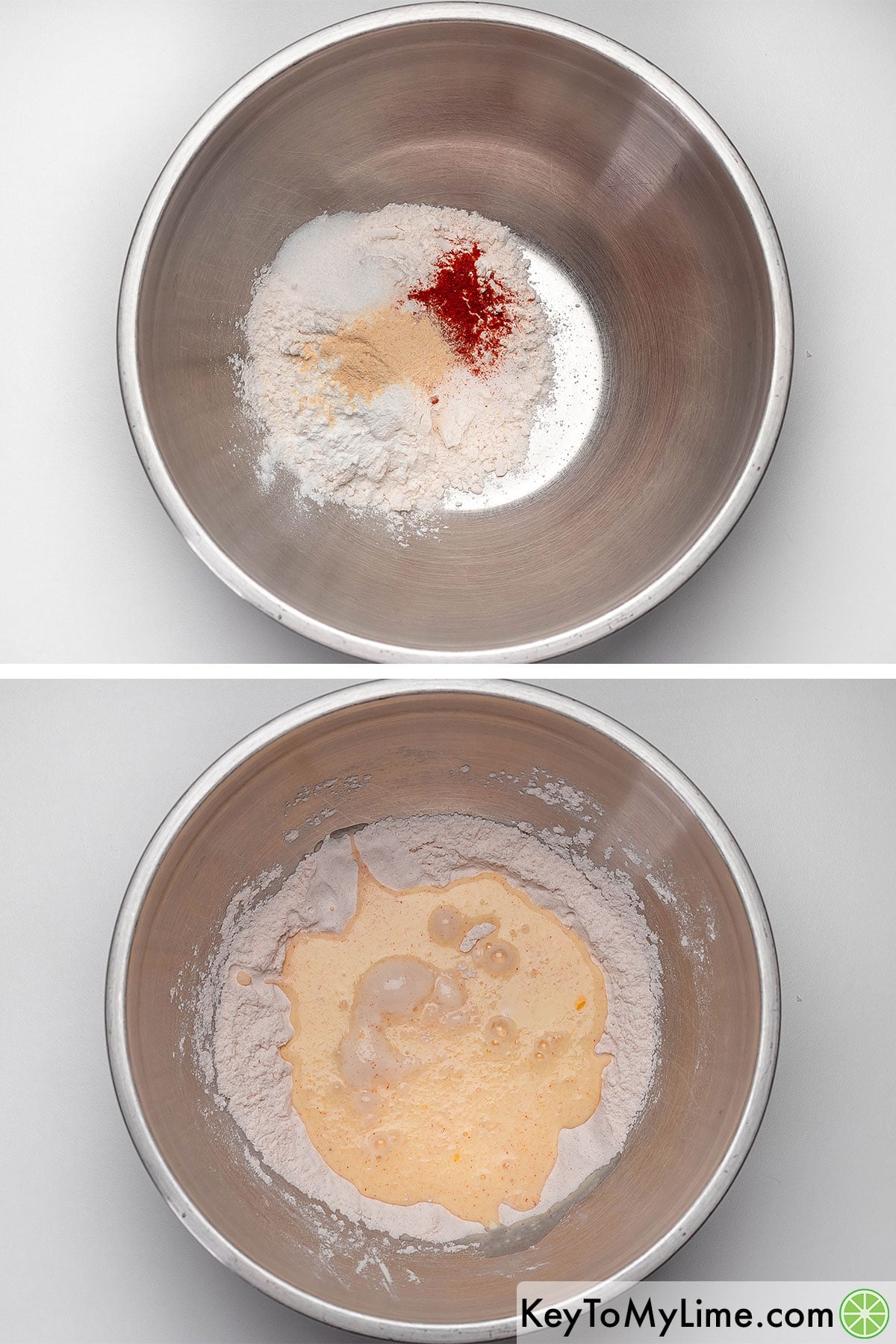 Adding flour, baking powder, and seasonings to a large mixing bowl, and then whisking and adding the wet ingredients.
