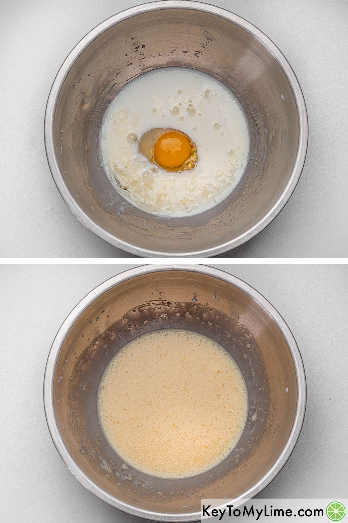 Adding milk, egg, and melted shortening to a large mixing bowl, and then beating together.