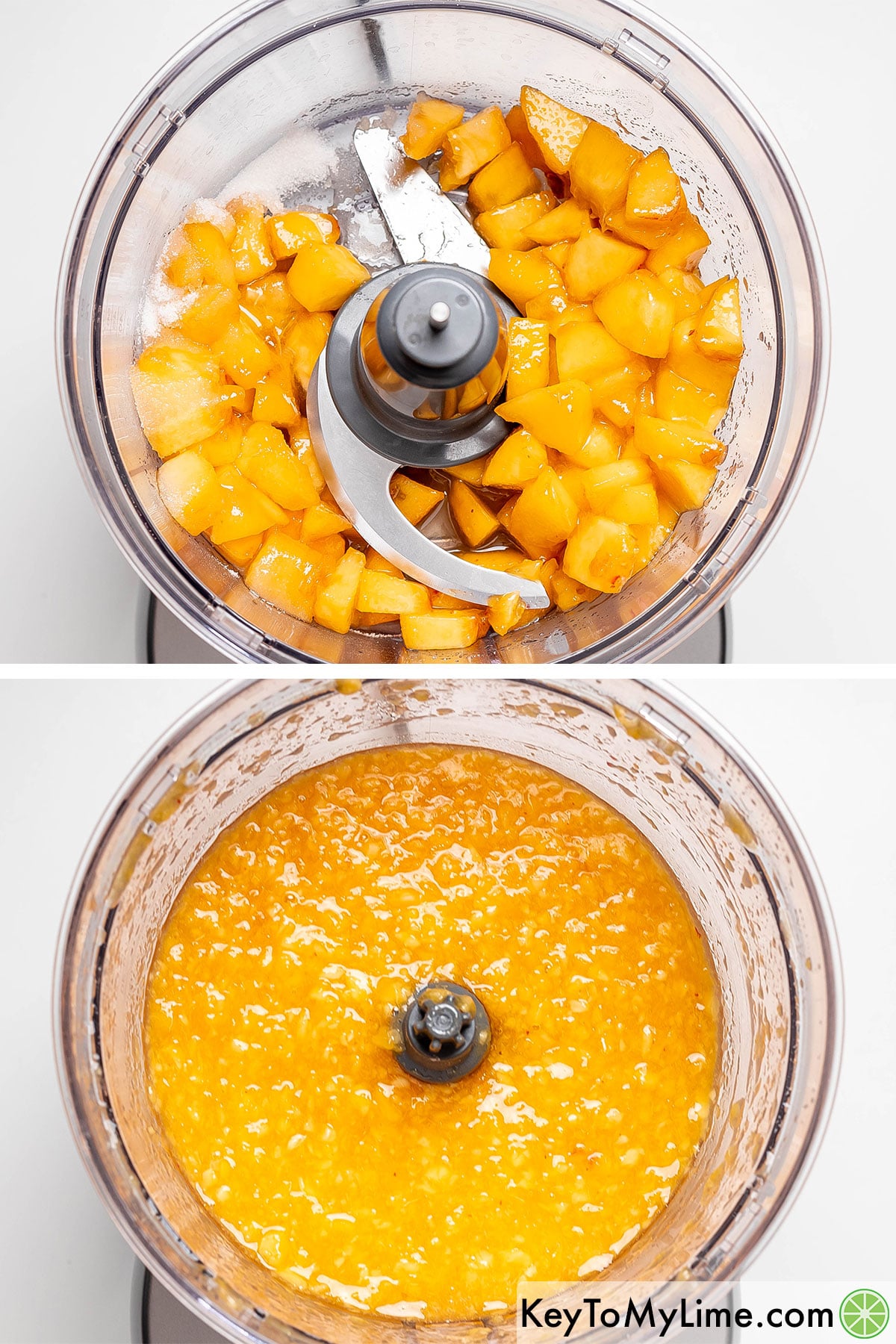 Adding peaches, sugar, and lemon juice to a food processor, and then pulsing.