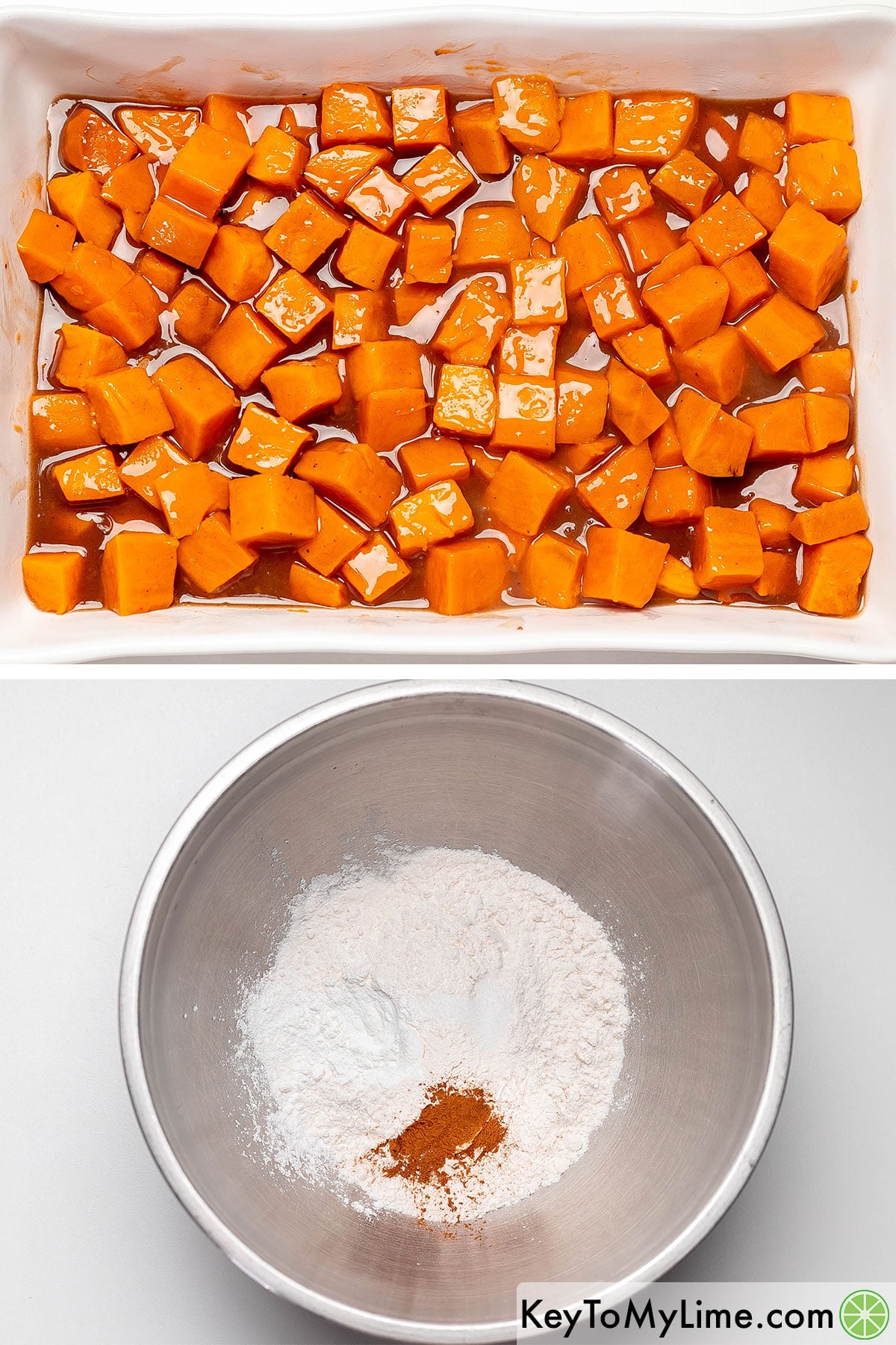 Adding sweet potatoes and syrup to a casserole dish, and then in a separate bowl mixing in flour, cinnamon, and baking powder.