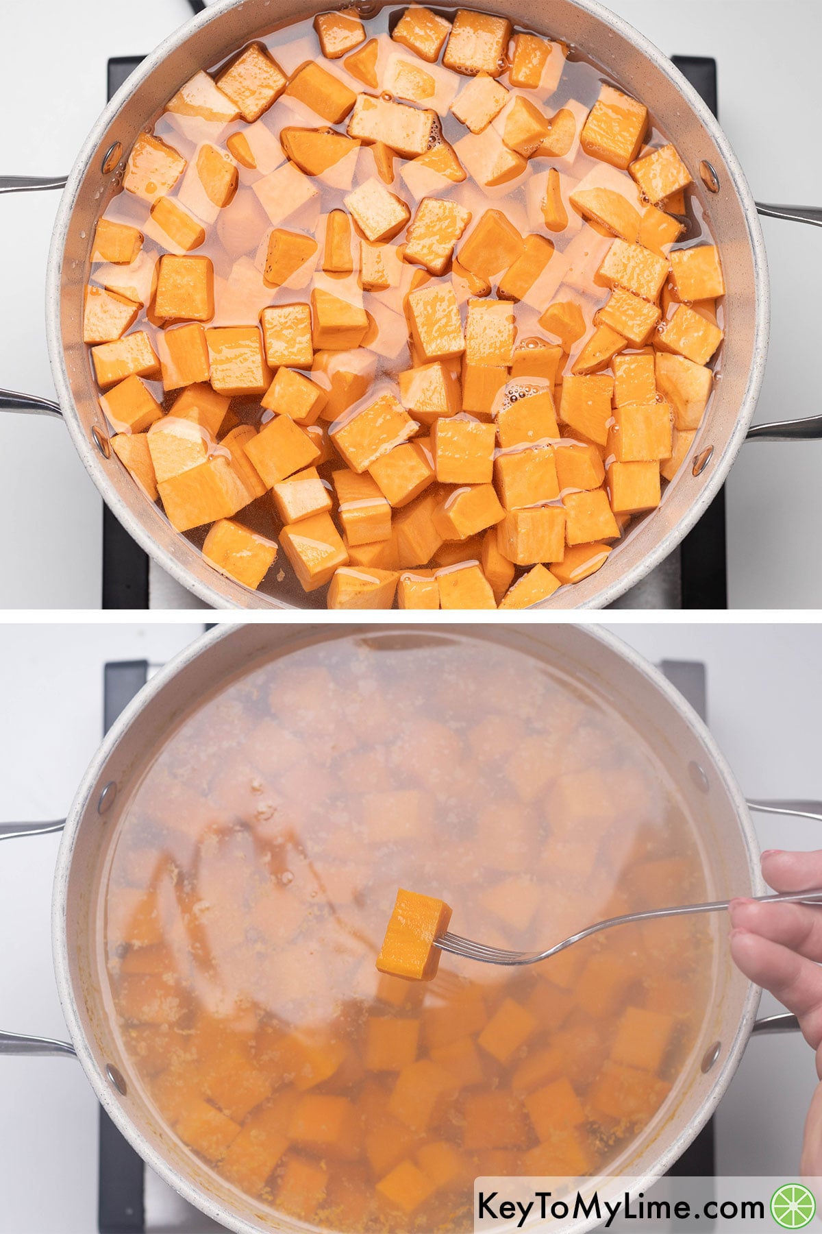 Adding the sweet potato cubes to a large pot filled with cold water, and then boiling and draining once fork tender.