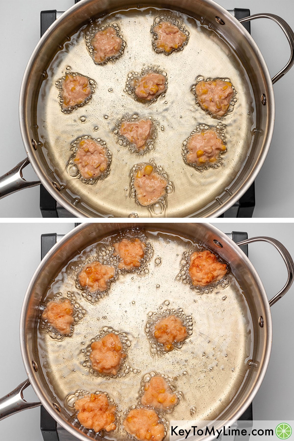 Dropping spoonfuls of corn batter in a hot oil in a skillet, and then flipping halfway once golden brown.