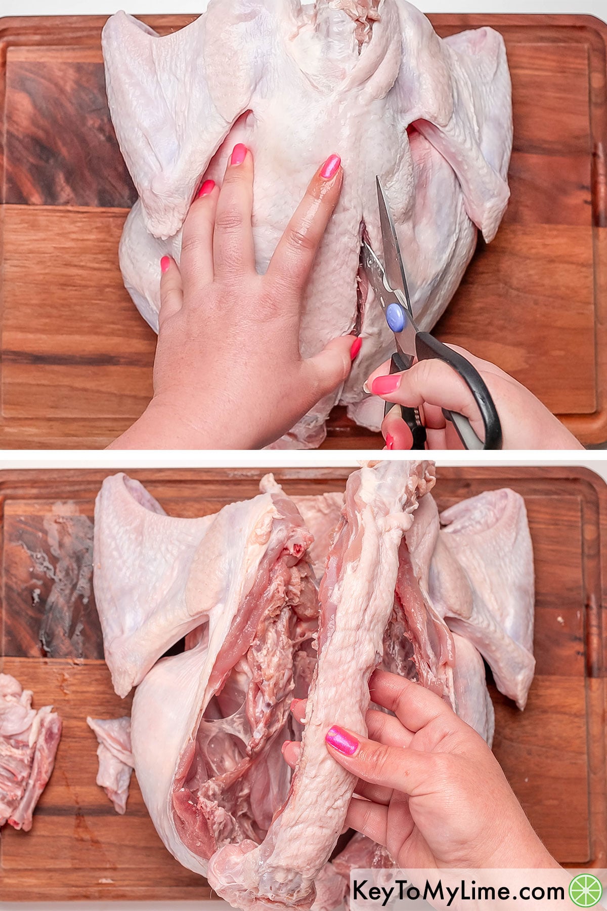 Drying the turkey with paper towels, and then cutting and removing the backbone.