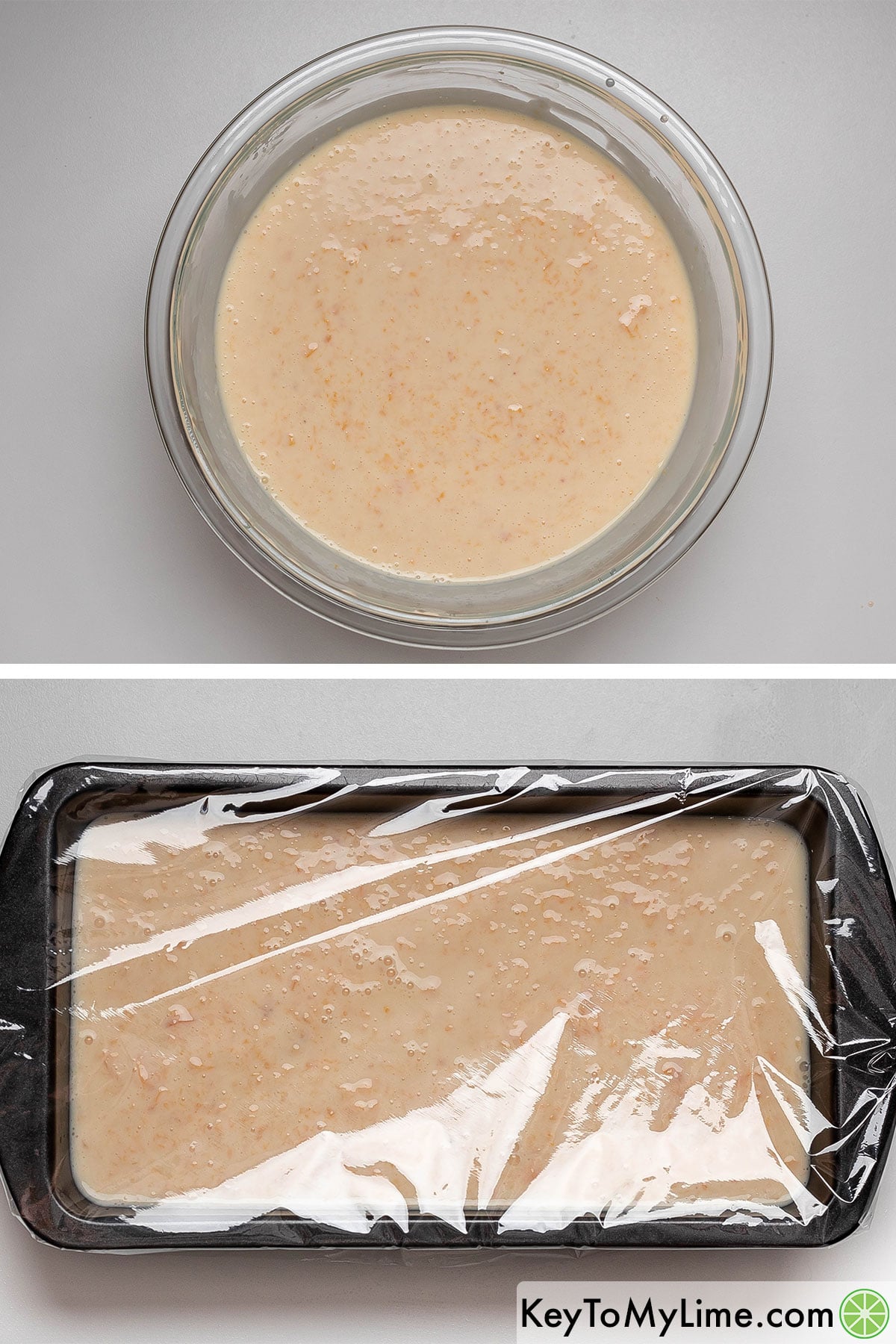 Folding the peach puree in the cream mixture, and then adding and covering in a pan.