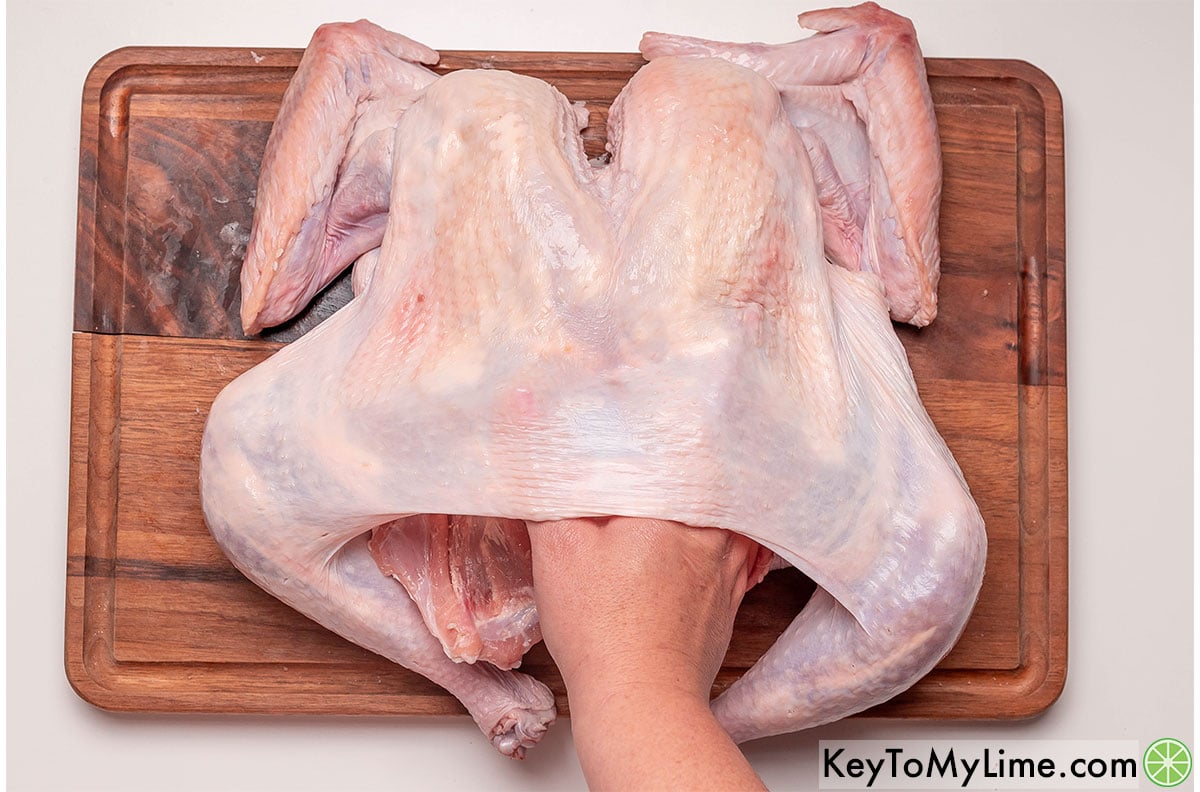 Gently separating the skin from the turkey to make room for the butter compound.