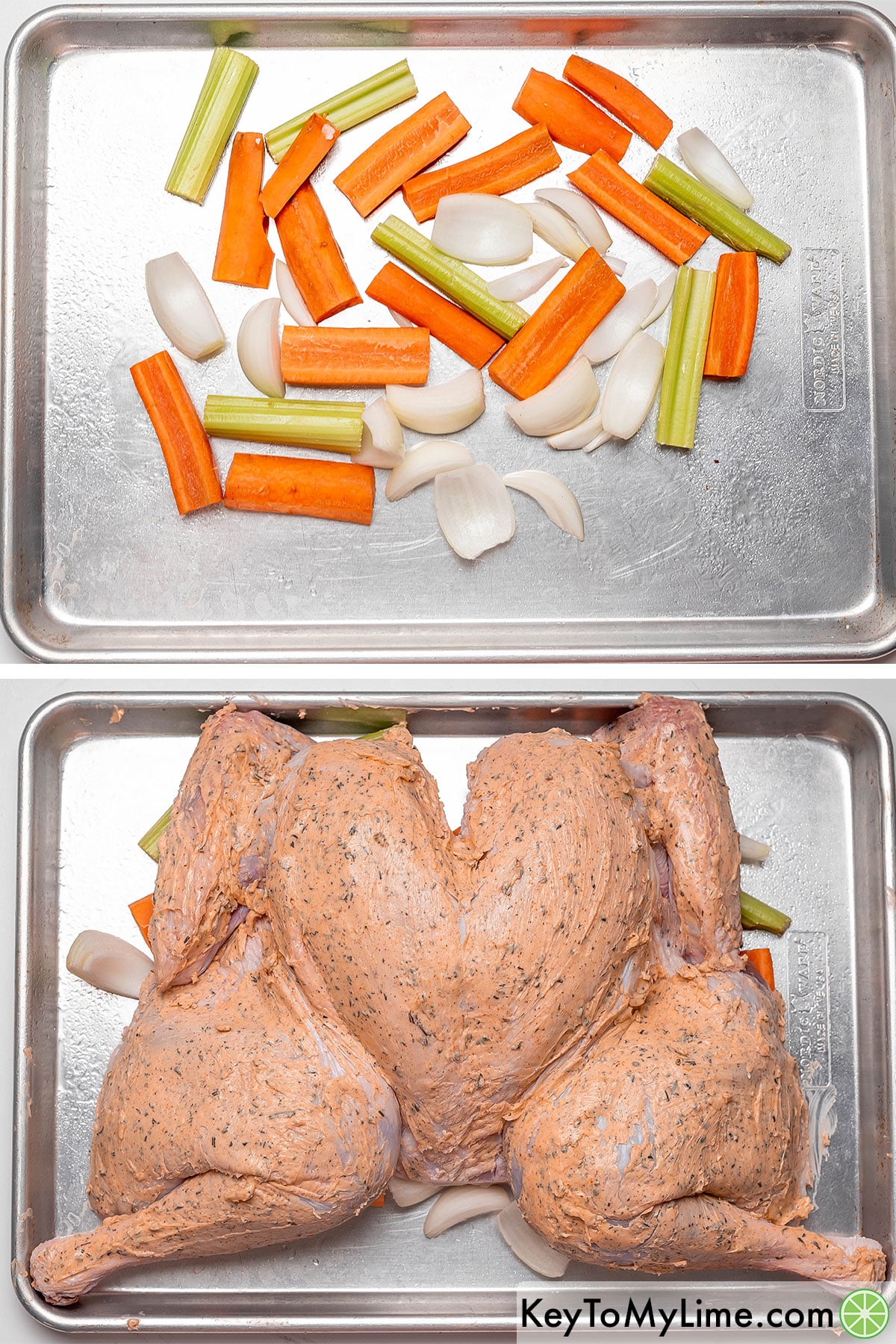 Adding cut vegetables on a baking sheet, and then transferring the buttered turkey on top.