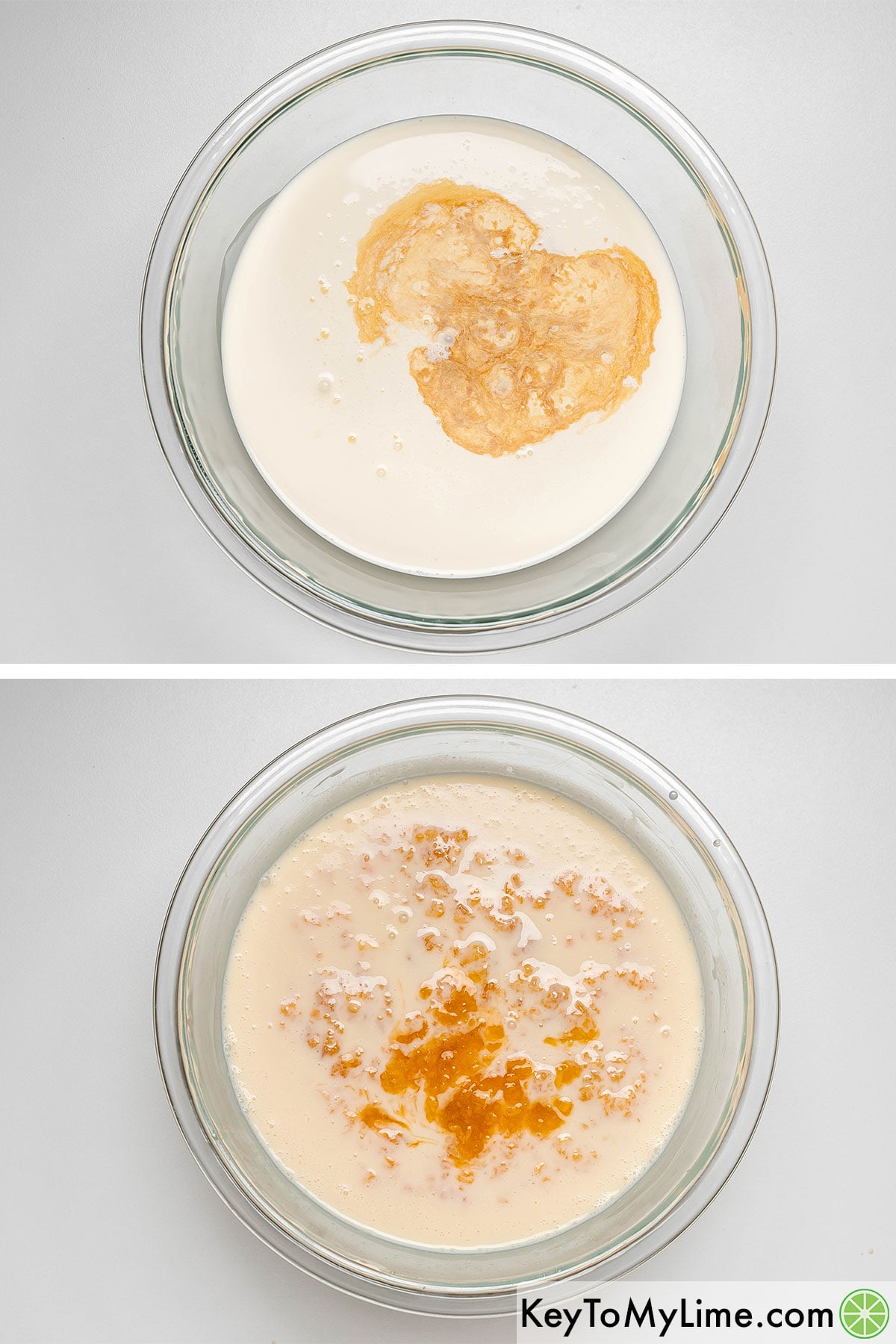 Mixing cream, vanilla, and salt together in a small mixing bowl, and then adding the peach mixture.