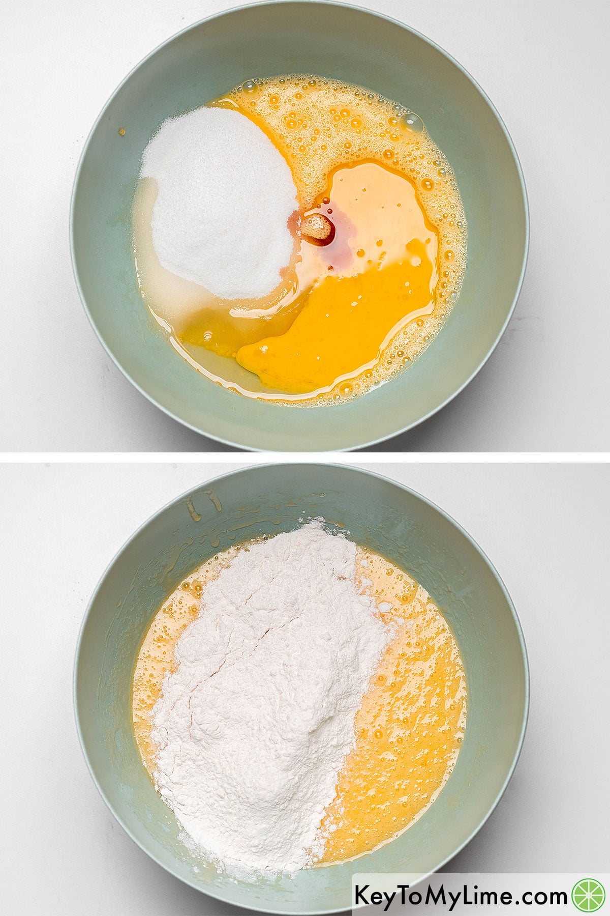 Beating eggs, and then mixing in sugar, vanilla, and half the flour.