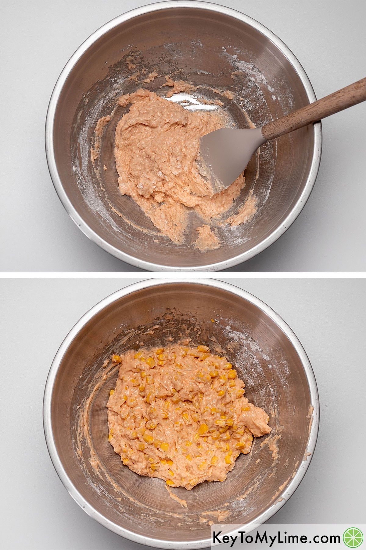 Mixing the ingredients until combined, and then adding corn and mixing thoroughly.