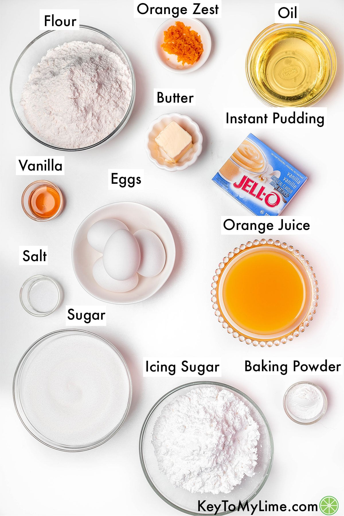 The labeled ingredients for orange juice cake.