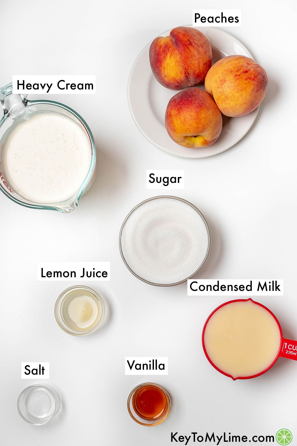 The labeled ingredients for peach ice cream.