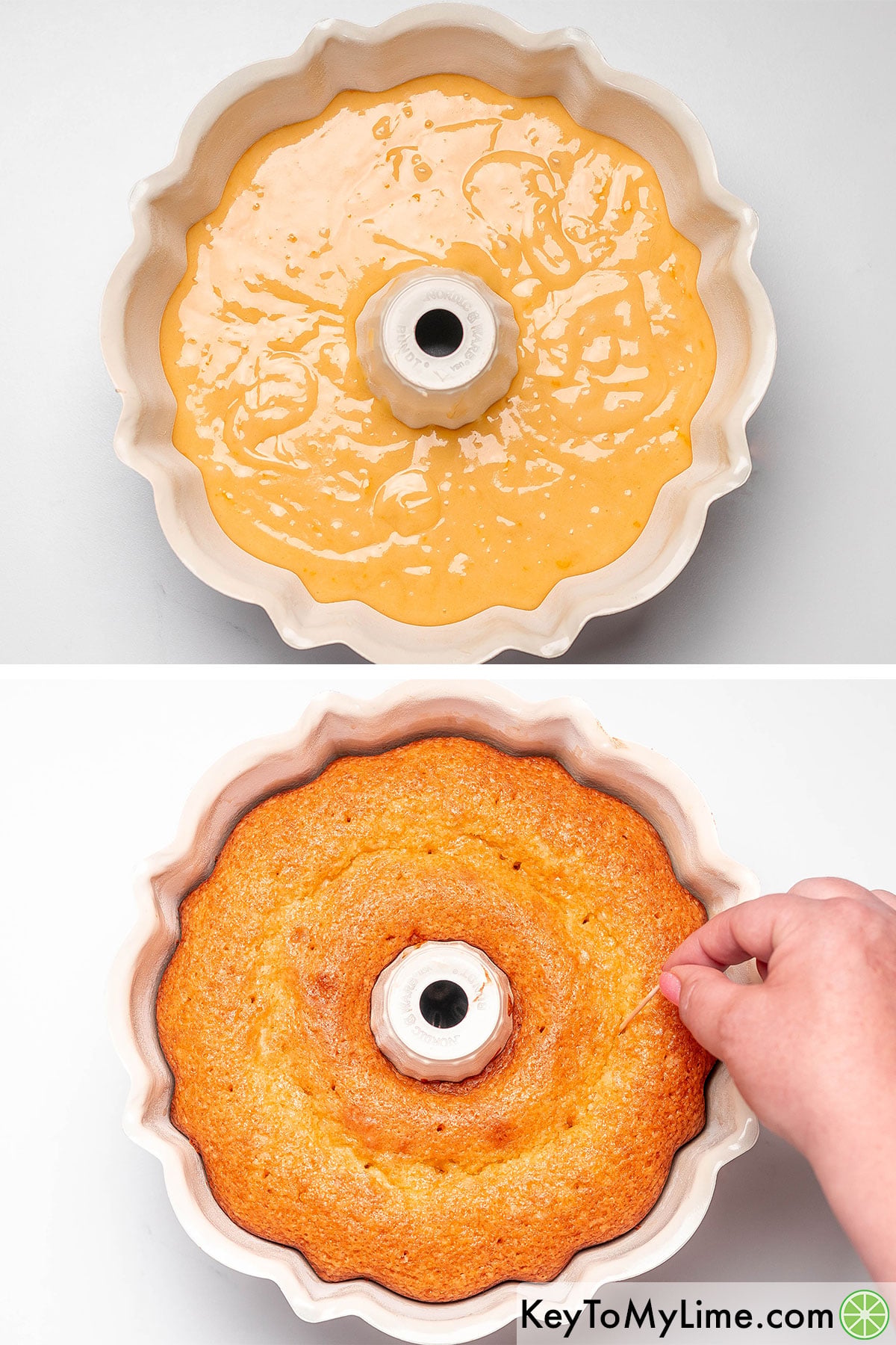 Pouring batter into a prepared Bundt pan, and then poking holes throughout with a toothpick once baked.