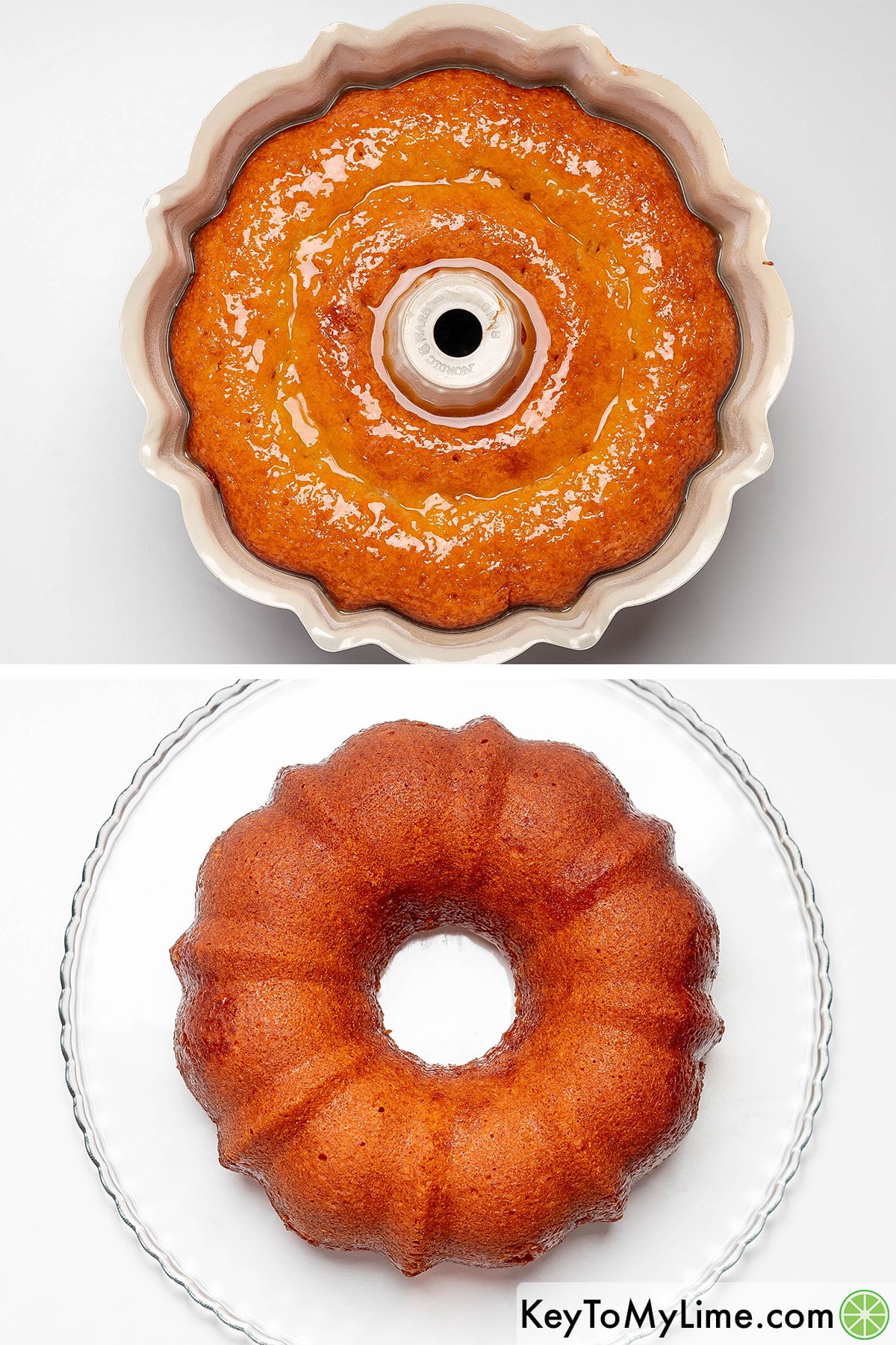 Pouring syrup over the cake, and letting soak before removing from the pan.