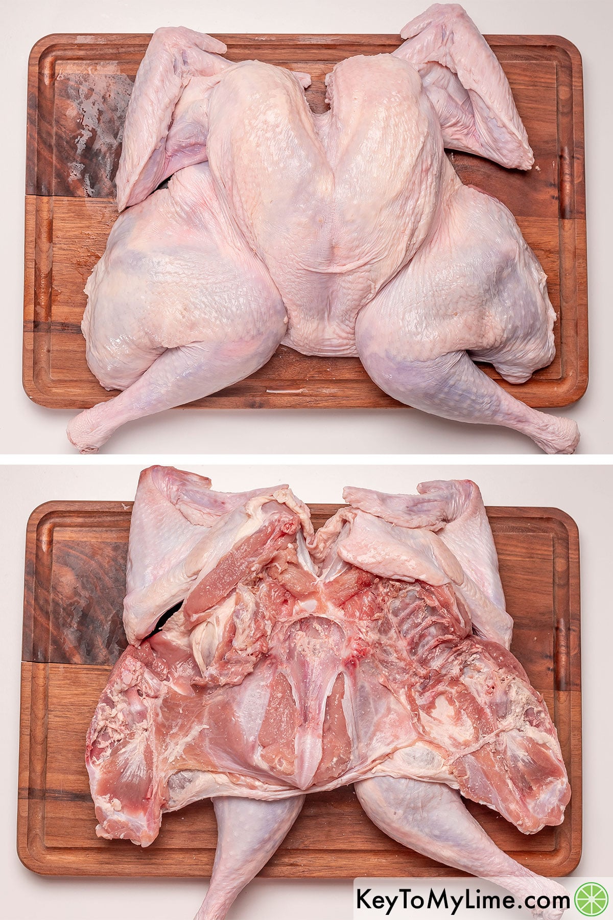 Pressing down in the center of the turkey to flatten in it, and then flipping on its back to salt and pepper.