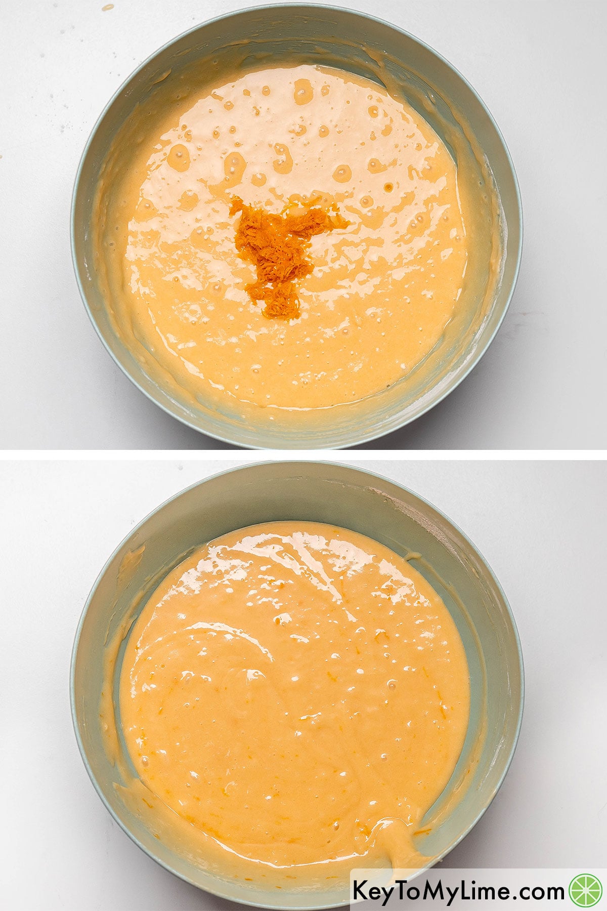 Scraping the sides of the bowl, and then adding and folding in orange zest until well mixed.