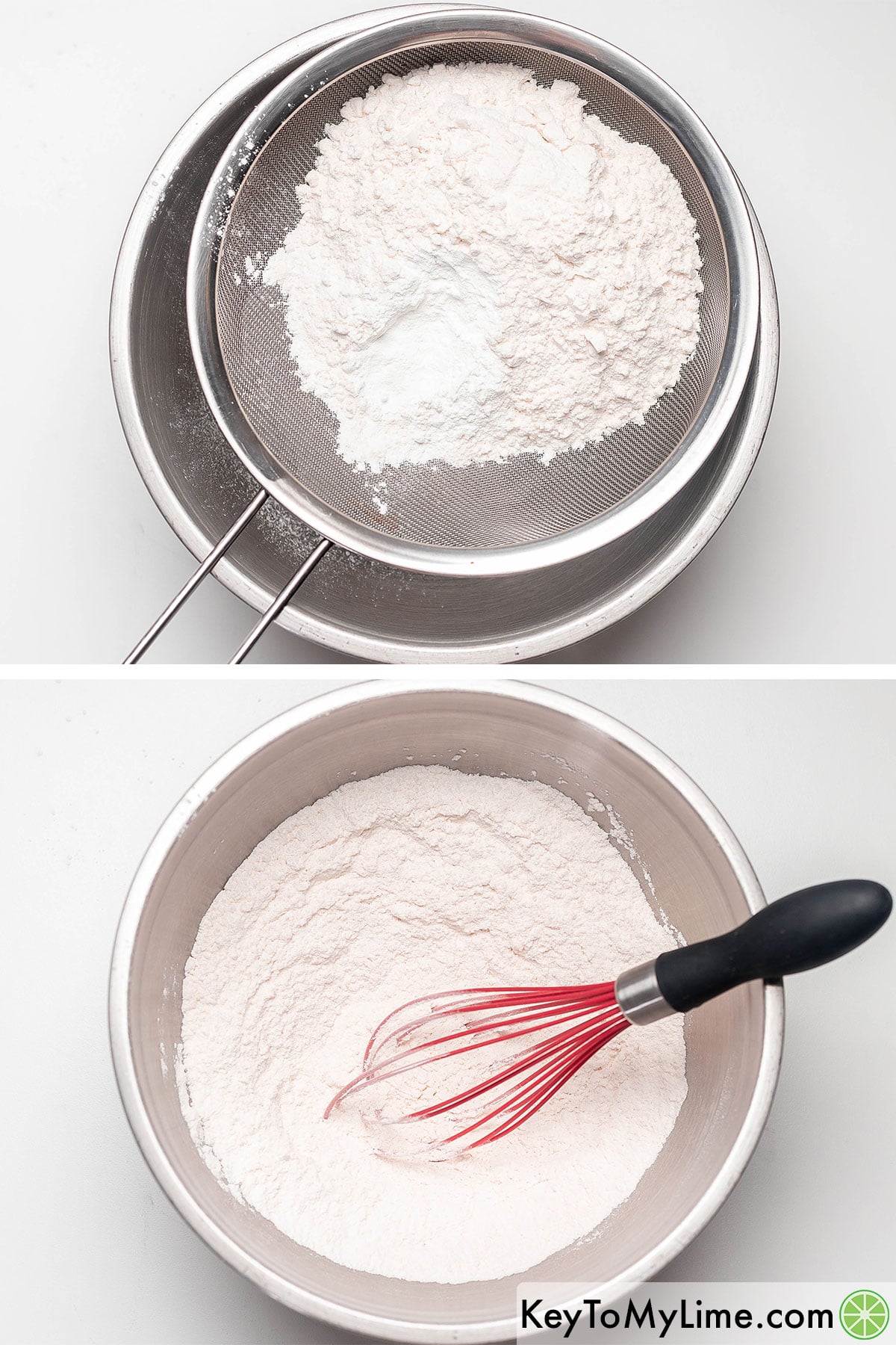 Sifting the flour, and then whisking in baking powder and salt in a large mixing bowl.
