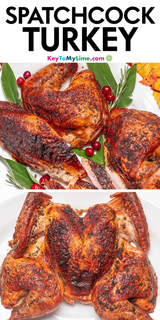 A Pinterest pin image with a picture of spatchcock turkey with title text at the top.