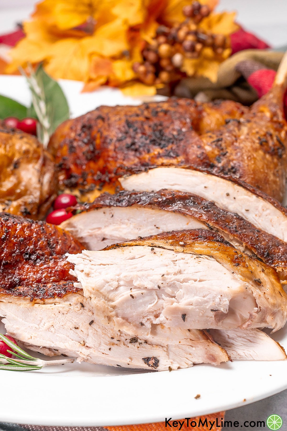 A side image of a sliced turkey showing the juicy interior texture.