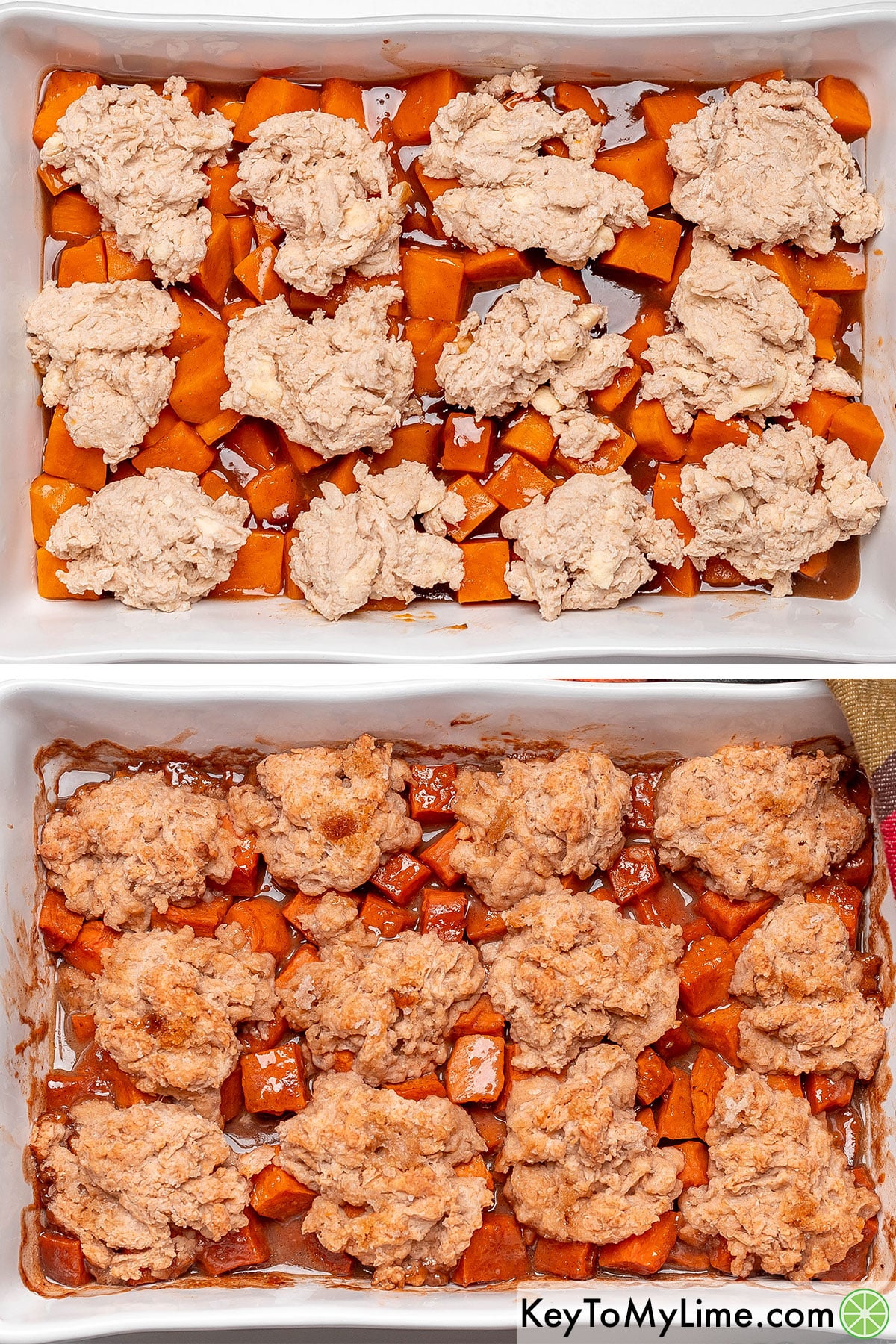 Spooning the dough in dollops over the potatoes, and then baking once brown sugar is sprinkled throughout.