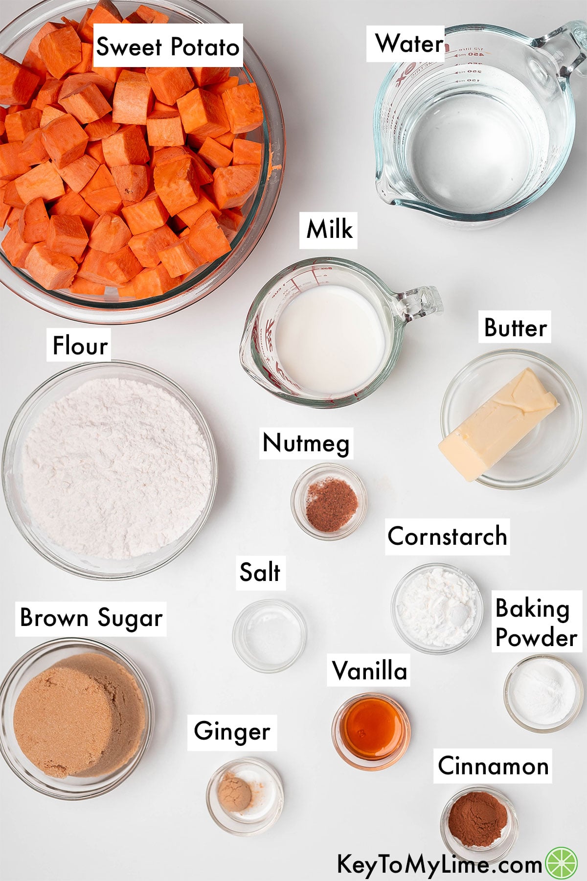 The labeled ingredients for sweet potato cobbler.