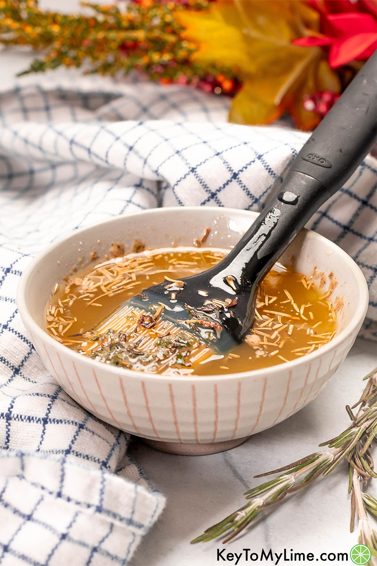 A close up showing the seasonings throughout the turkey baste.
