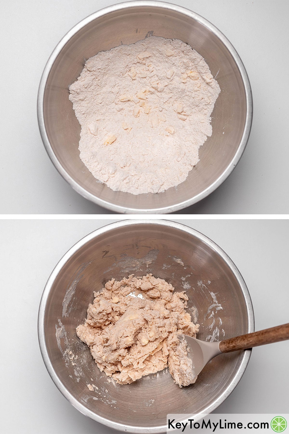 Using a pastry cutter to cut the butter into the flour mixture, and then folding in milk until a dough forms.