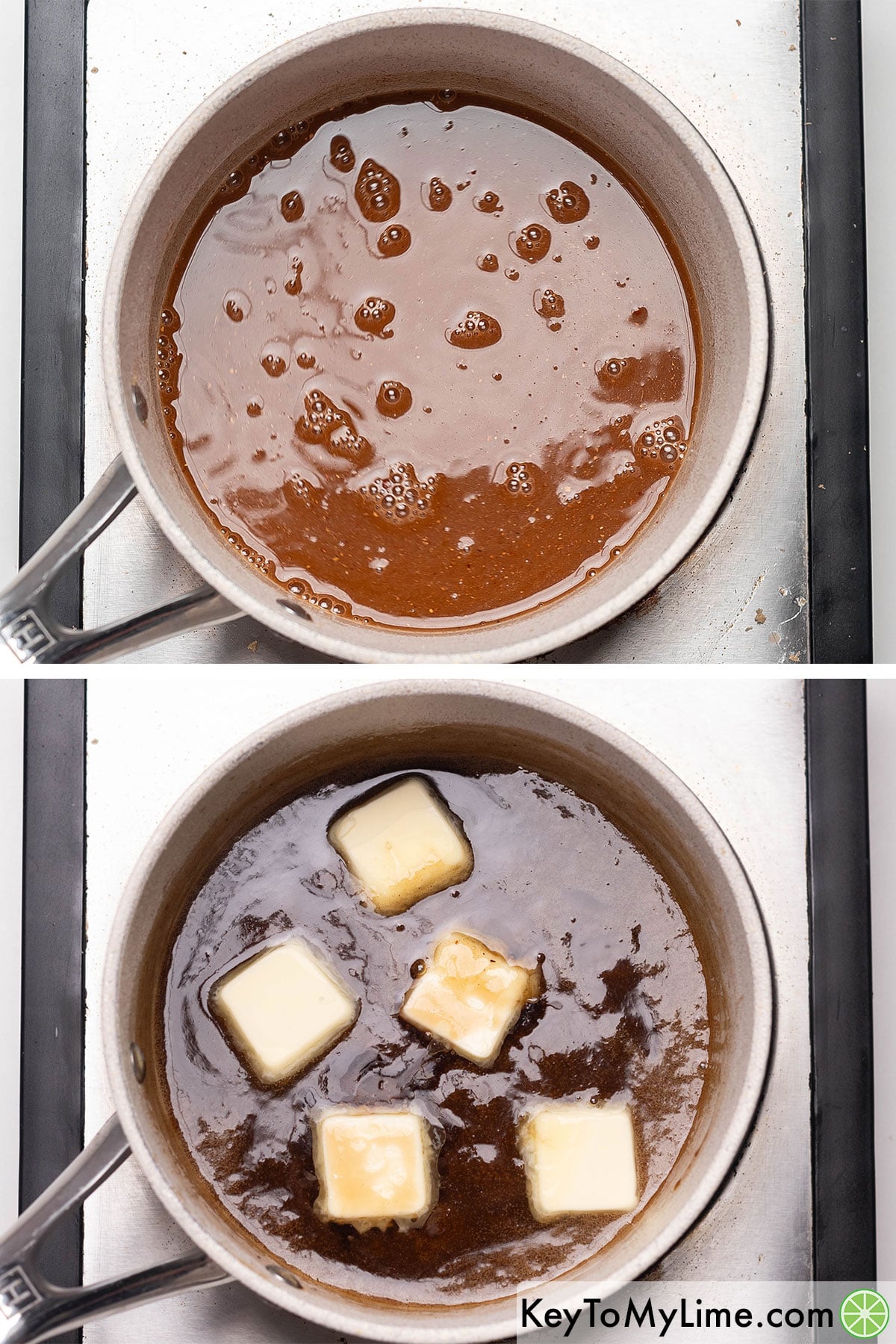 Whisking in water into the mixture, and then adding in butter, and vanilla once the syrup has thickened.