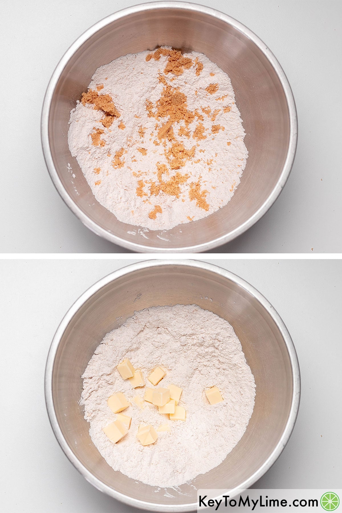 Whisking the dry ingredients in a mixing bowl, and then mixing in brown sugar and cold cubed butter.
