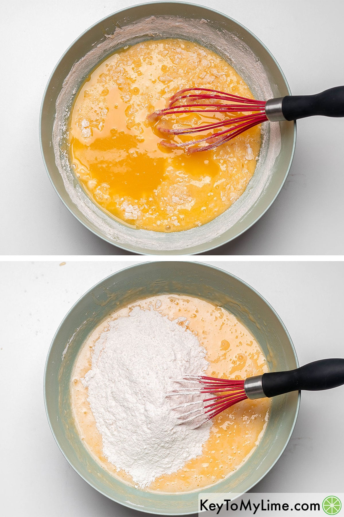 Whisking the wet ingredients just until combined, and then adding and mixing in orange juice mix and flour.